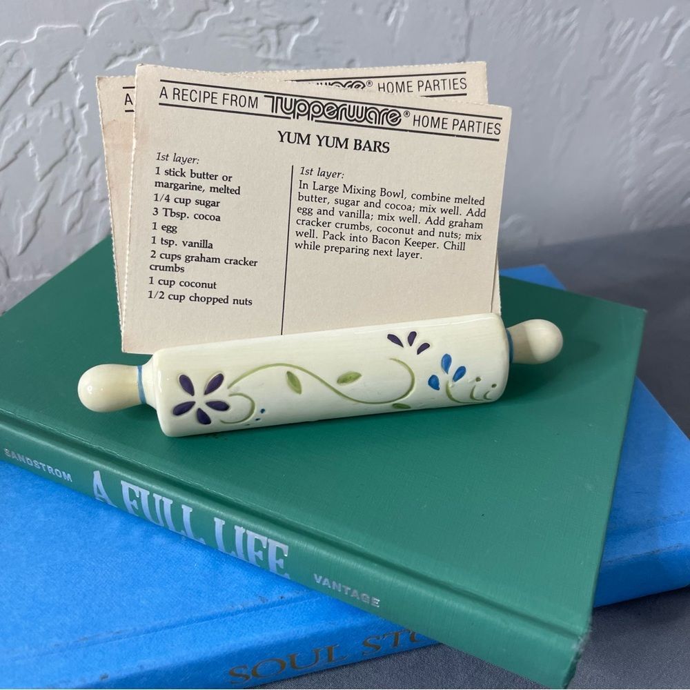 Rolling pin recipe business card holder ceramic floral